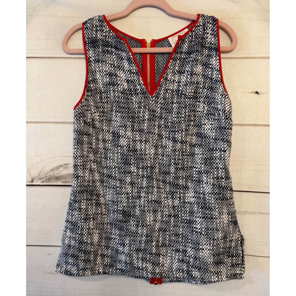 STS Sail to Sable Textured Tweed V-Neck Sleeveless Top Womens Sz S Red‎ Trim Zip